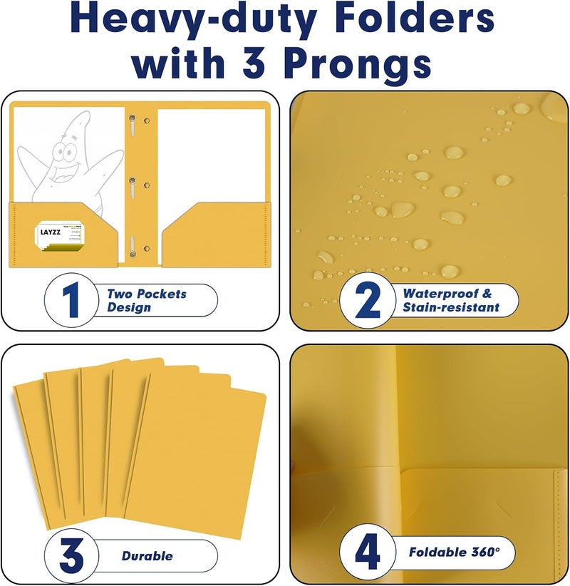 LAYZZ Plastic 2 Pocket Folders with Prongs, 30 Pack, Heavyweight, Letter Size Poly Folders with 3 Metal Prongs Fastener Clips (Yellow) - Image 5
